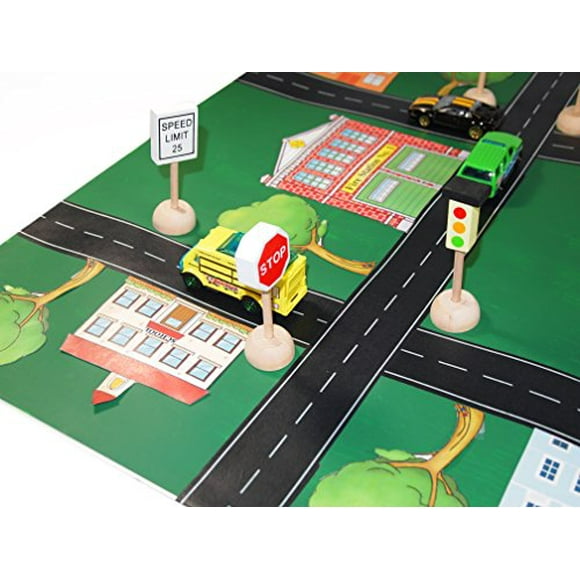 Attatoy Enfants en Bois Signes de Rue Playset (14 Pièces Ensemble), Panneaux de Signalisation en Bois Parfait pour Voiture & Train Ensemble