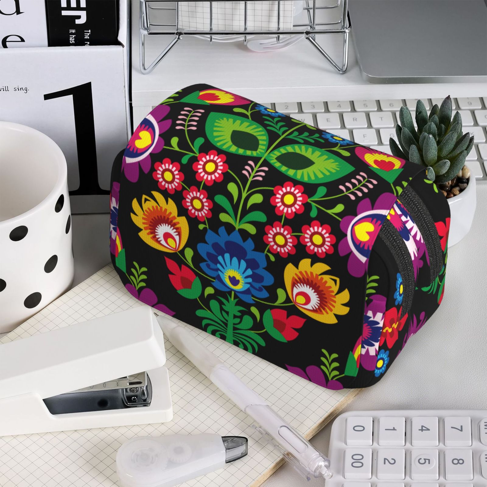Rateoe Traditional Floral Polish Pattern Double Clamshell Pen Case, Storage Organizer with Two Zipper Compartments– Holds Up to 50 Pencils & Pens
