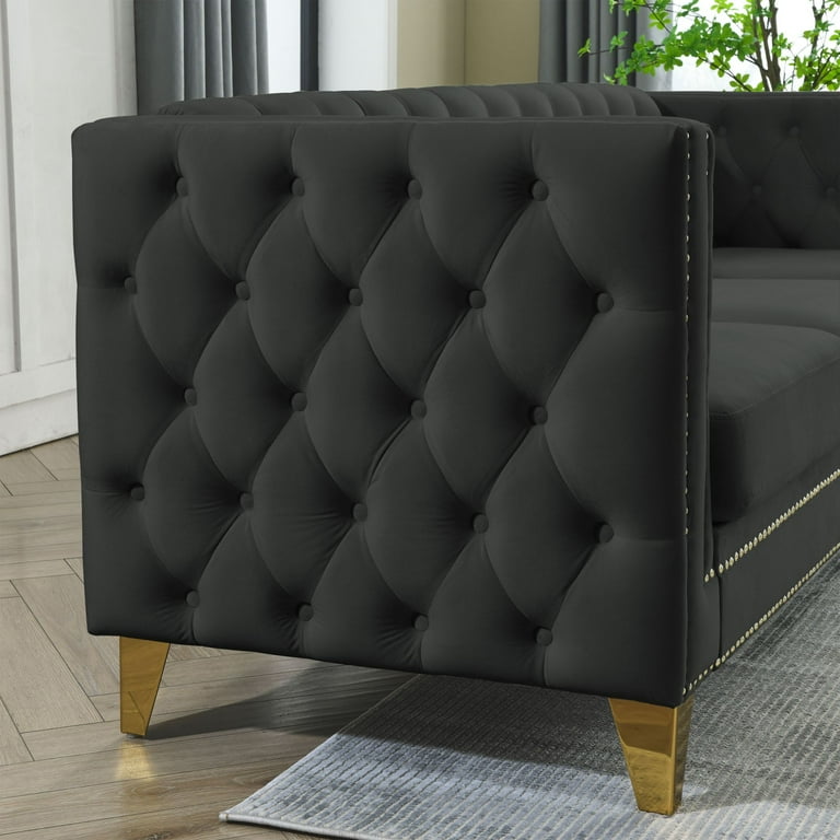 Living Room Couch Velvet Big Comfy Sofa Tufted Furniture Sleep Bed with 3 Seat Cushions 80.5 inch Black