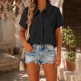 thumbnail image 2 of Women's Waffle Button Down Collared Shirt Short Sleeve Casual Blouse Loose Fit Lightweight Waffle Knit Gauze Shirts Summer Dressy Casual Office Work Blouse Business Camping Clothes Black L, 2 of 7