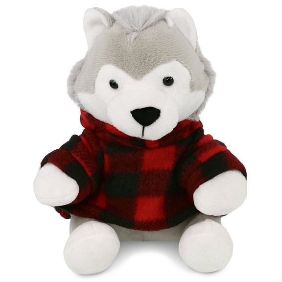 DolliBu Super Soft Wolf Stuffed Animal with Plaid Red Hoodie Sweater - Cute Wolf Plush Lumberjack Stuffed Toy with Plaid Jacket Dress Up for Christmas, Holiday, Winter - 6 Inches