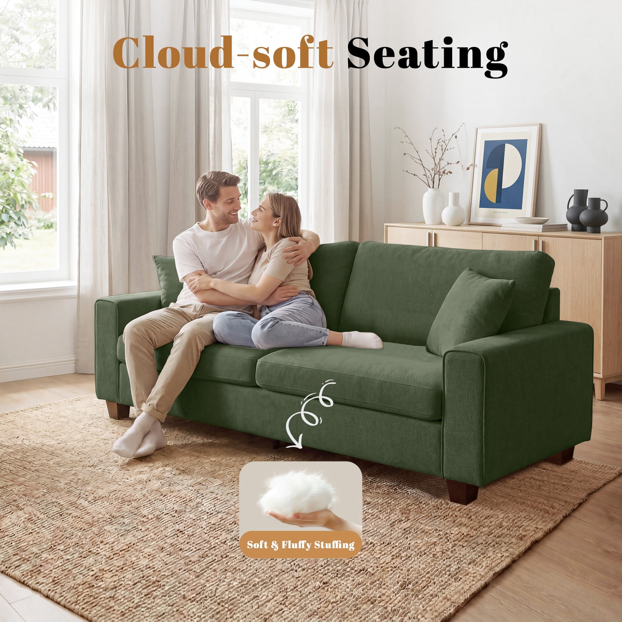 Poshby 88.58''W 3 Seater Sofa Couch with Chenille, Modern Square Arm for Living Room, Light Green
