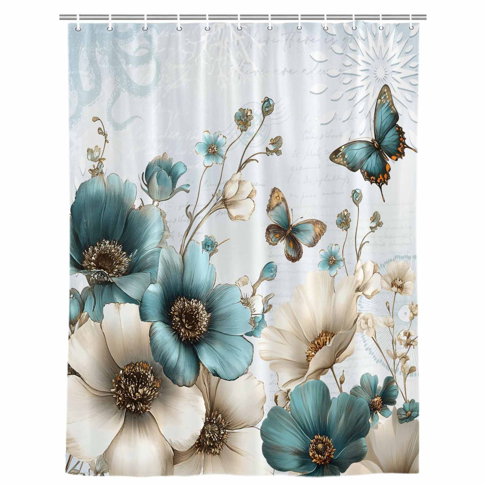 Teal Tulip Butterfly Shower Curtain, Waterproof Shower Curtains for Bathroom, Beige Turquoise Floral Blue Coastal Washable Fabric Bathtub Curtain Set Bath Decor with 12 Hooks 72"x78"