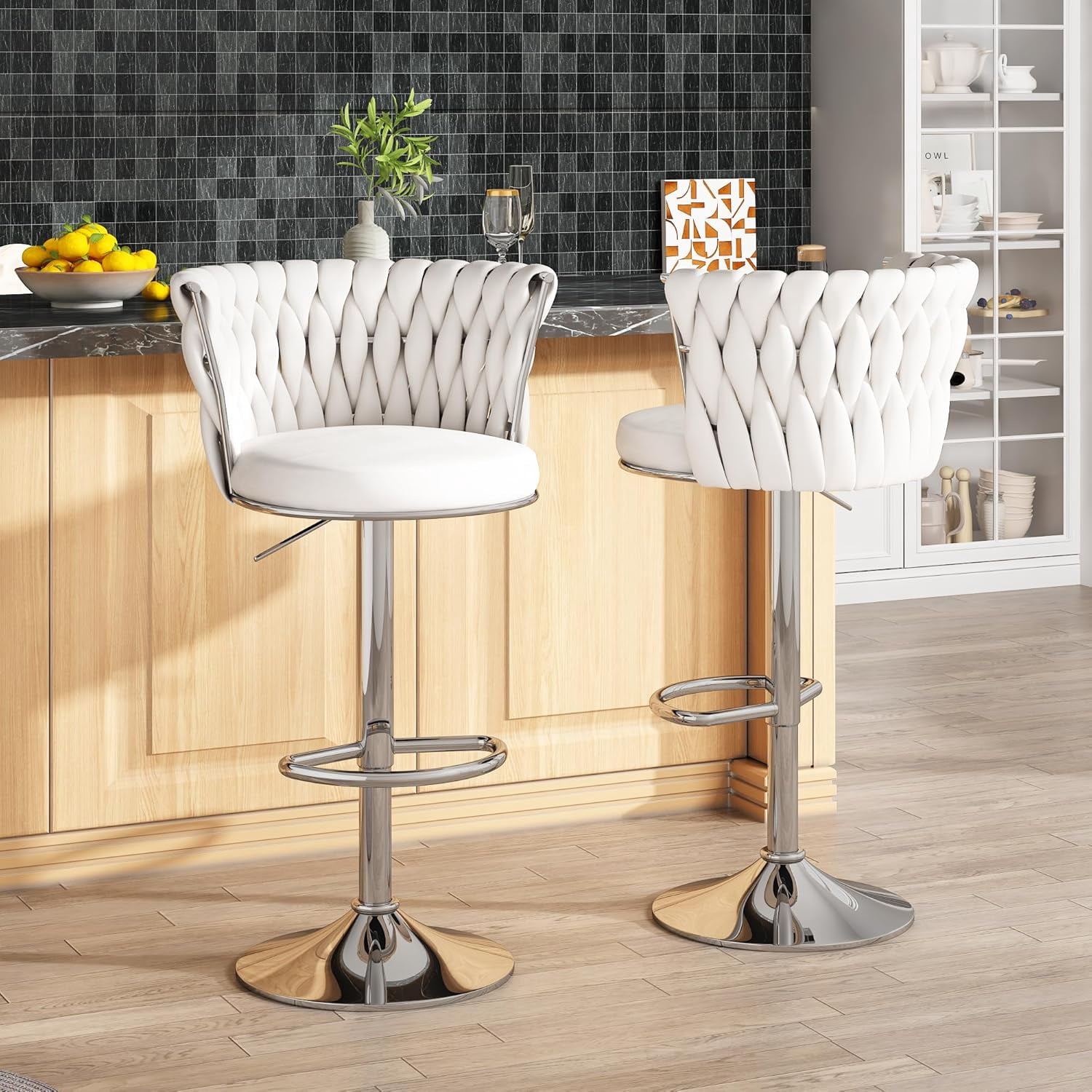 LinkRomat Velvet Bar Stools Set of 2,Swivel Counter Height Bar Stools with Backrest and Footrest,for Kitchen Island Dining Chairs,White
