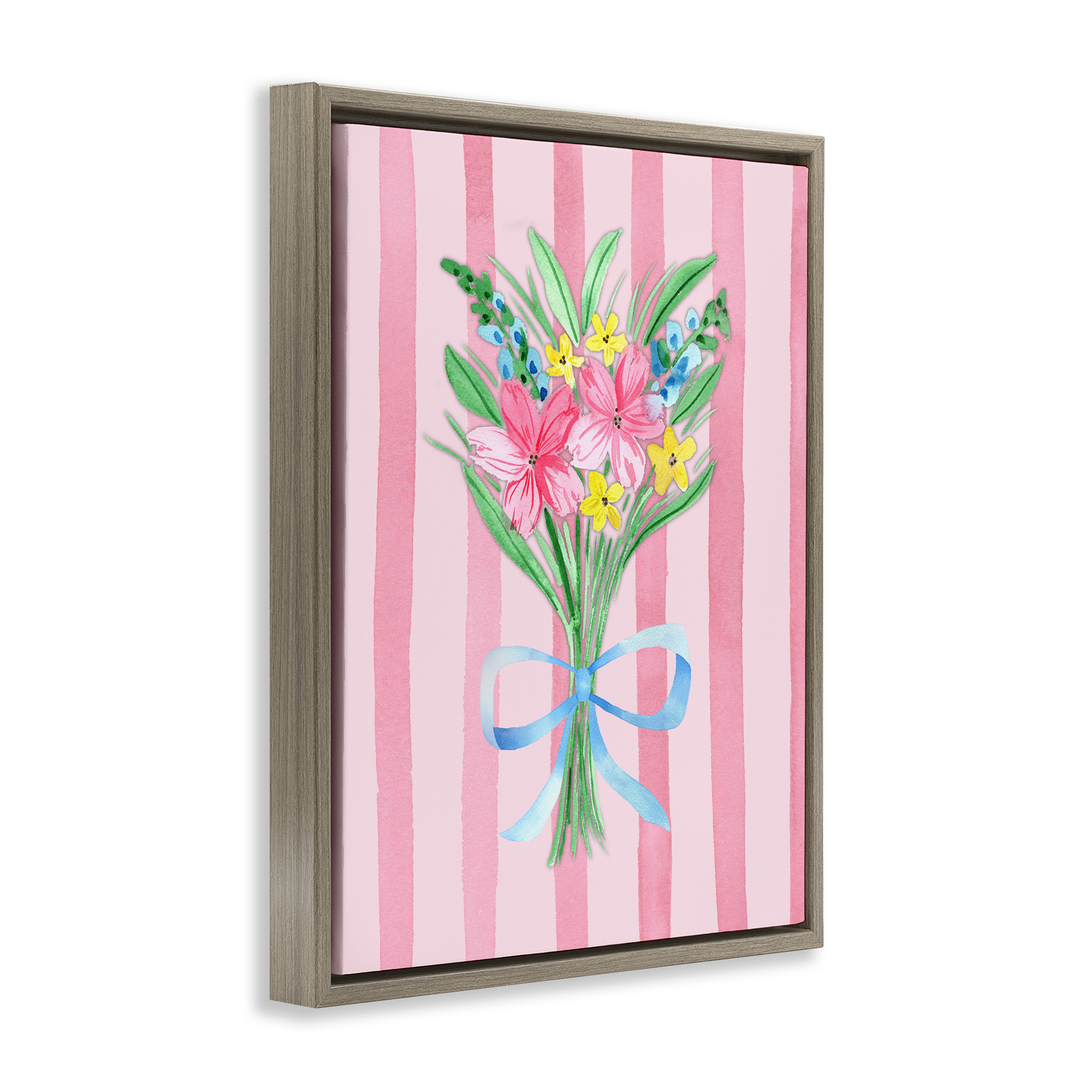 Spring Bouquet & Bow Stripes Brown Framed Floater Canvas Wall Art, design by Nina Jacobs