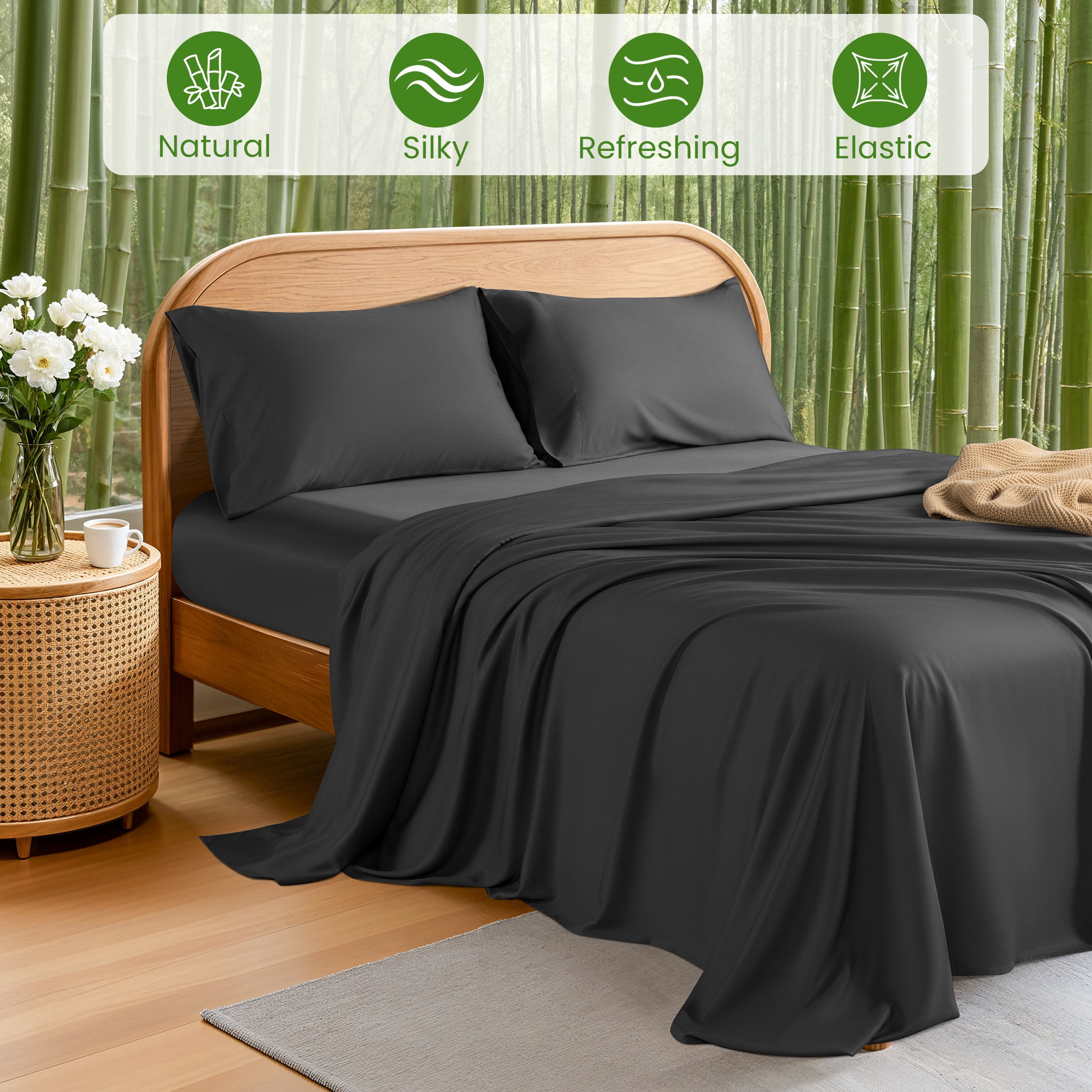 Sonoro Kate 100% Organic Luxurious Bamboo Sheets, King Sheet Set 4-Piece with 16" Deep Pocket, Silky Smooth Luxury Bed Sheets, Black