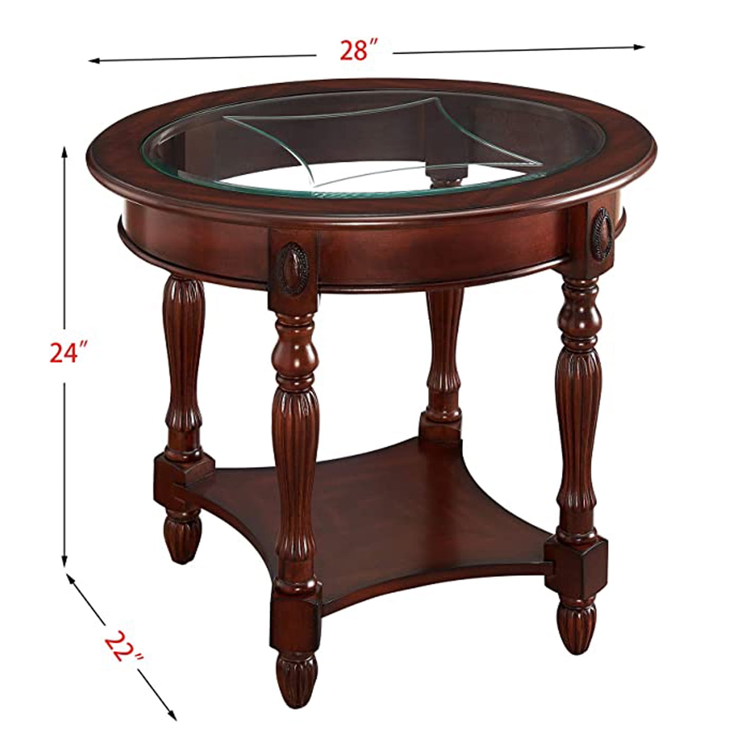 Vintage Solid Wood Side Table with Glass Top Storage Shelf,Oval,Living Room Table,Dark Brown