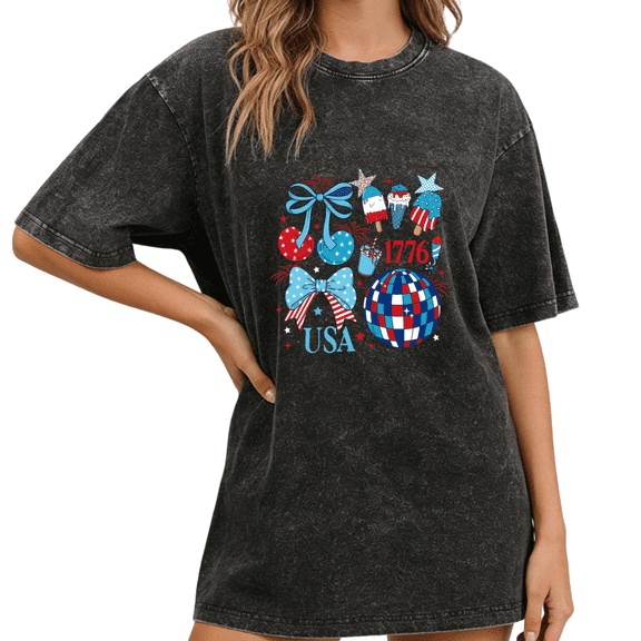 UNISHE Women's Patriotic USA Bow Cherry Fireworks Graphic Vintage S-2XL Washed T-Shirt Short Sleeve Distressed Crewneck Tee