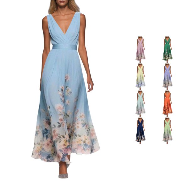 SONXAHE Women's Floral Print Sleeveless Maxi Dress Deep V Neck Waist Band Formal Long Dress