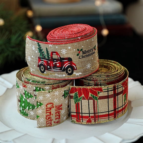 Christmas Wired Ribbons Buffalo Red White Black Plaid Ribbons Vintage Truck Trees Snowflake Wired Edge Ribbon for Christmas DIY Wrapping Wedding Floral Craft