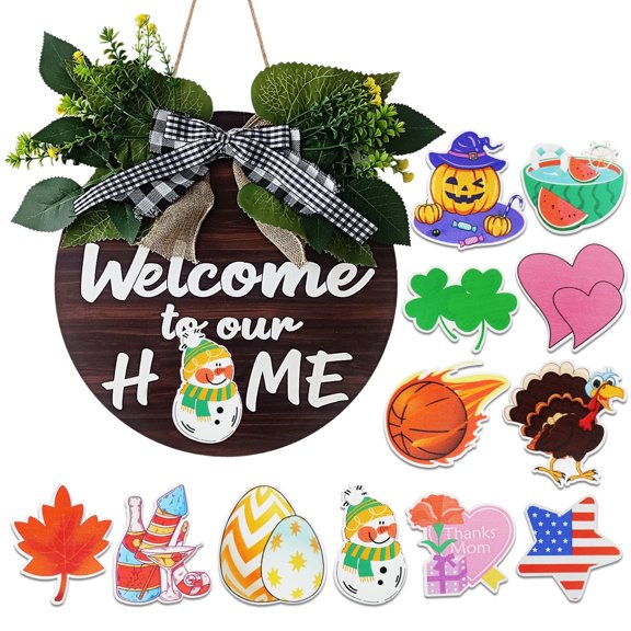 AGCAN Interchangeable Seasonal Welcome Sign Front Door Decoration, Farmhouse Front Door Signs with 12 Changeable Icons for Summer Fall Winter Halloween Christmas Easter Holiday Gifts