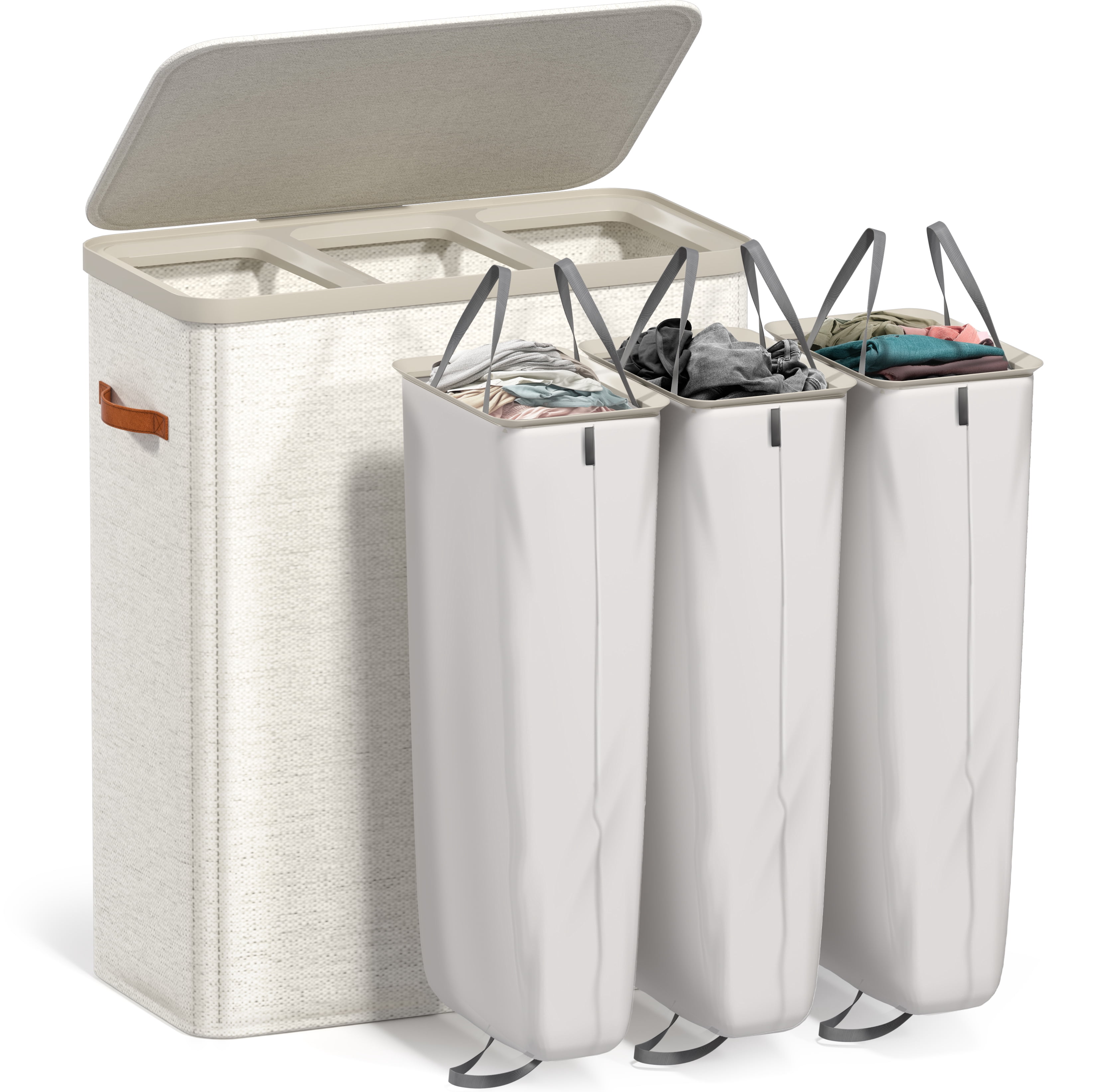 Sorbus Collapsible Fabric Laundry Hamper with Removable Bag, 3 Compartment, Beige
