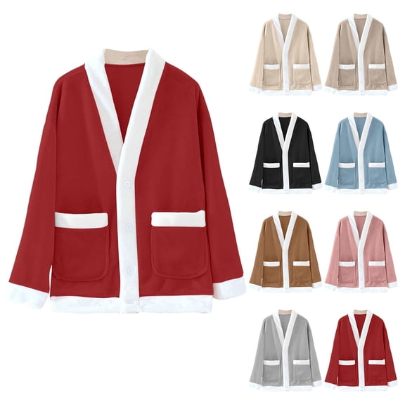 GILIGEGE Fleece Jacket Womens Lounge Cozy Warm Bed Jackets Cozy Warm Bed Pajama Tops for Home V Neck Button Down Fuzzy Cardigan with Pockets Sleepwear Long Sleeve Fall Winter Coats Wine S