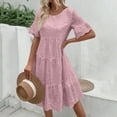 thumbnail image 2 of Qwertyu Women's Lace Eyelet Short Sleeve Tiered Midi Dresses Ruffle Hem Babydoll Summer Dresses Pink S, 2 of 6