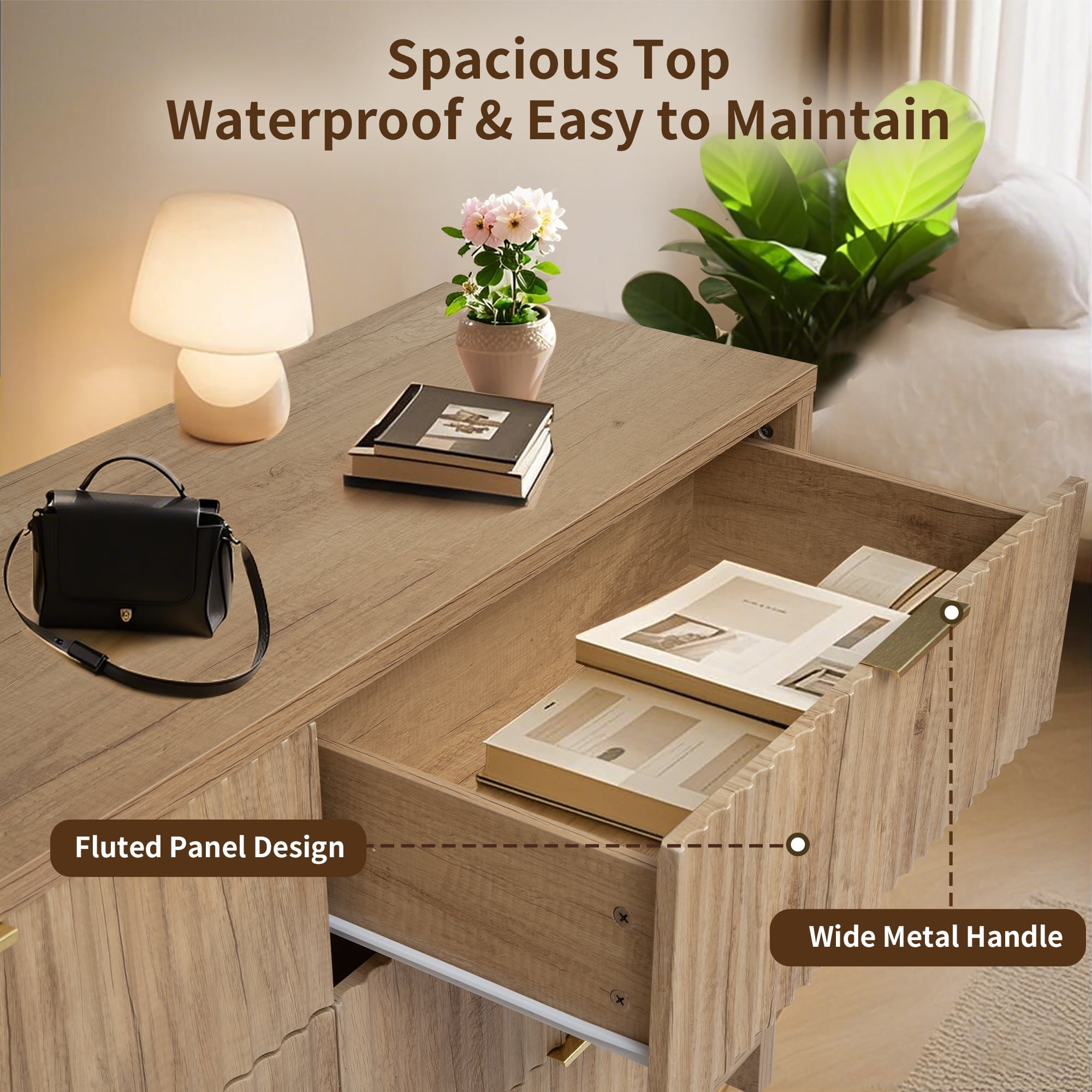 Haverchair 6 Drawer Dresser with Fluted Panel, Wide Chest of Drawers, Curved Wooden Dresser for Closet with Metal Wide Handle, Storage Dresser Organizer for Bedroom, Living Room, Hallway, Natural