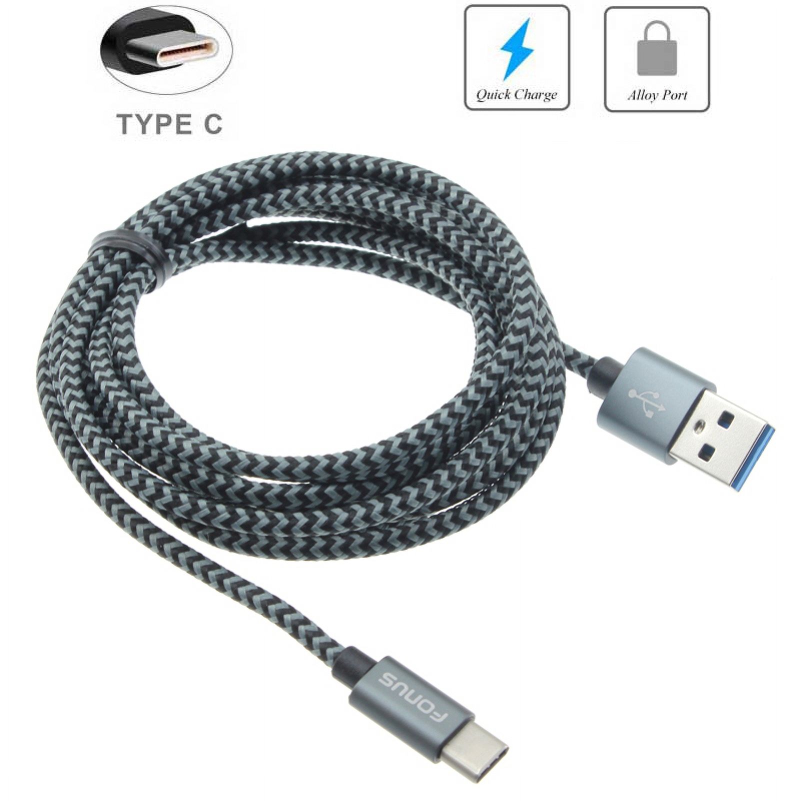 Braided 10ft Long Type-C USB Cable Wire Sync X1N for LG Q7 Plus, Google Nexus 5X, G8 ThinQ, G7 ThinQ, G Pad X II 10.1, Stylo 4 Plus - Microsoft Surface Go (10"), Lumia 950 - Motorola One - image 2 of 6