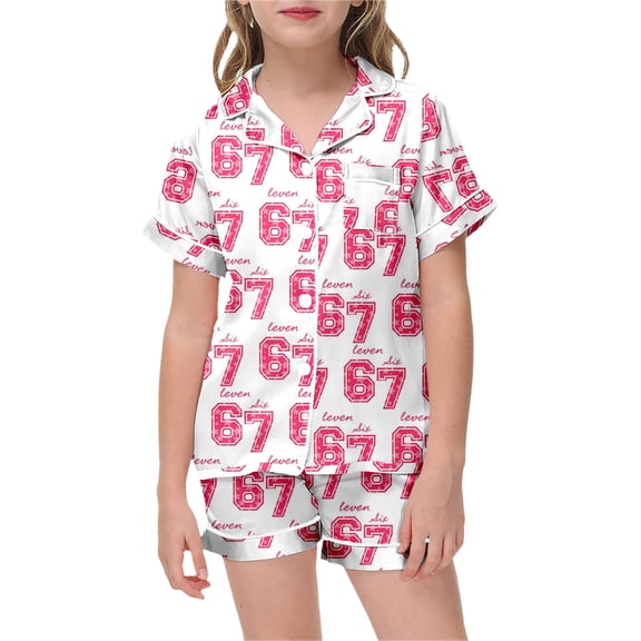 XUELUO Little Girls Summer Outfits Set Short Sleeve Lapel Collar Tops Shorts 67 Text Printed Detail Breathable Cozy Loungewear