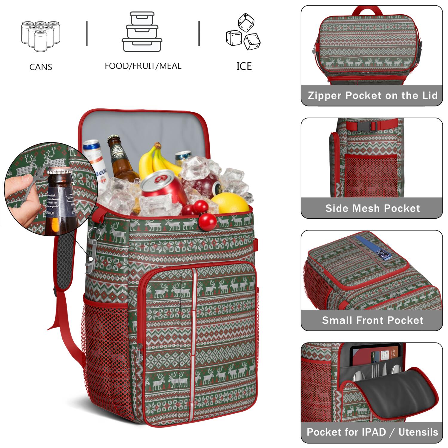 Travel Cooler Bag - Red and Green Christmas Reindeer Pattern Camping Beer Cooler Backpack with Bottle Opener- Waterproof Insulated Picnic Backpacks - Cooler Bag for Beach
