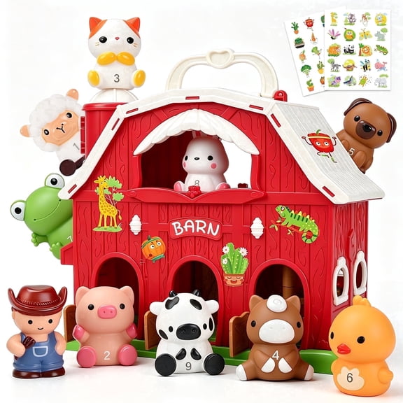 QIAHO Farm Animal Barn Toys Portable Doll House with Finger Puppets & DIY Stickers, Montessori Pretend Play Toy for Toddlers Birthday Gift