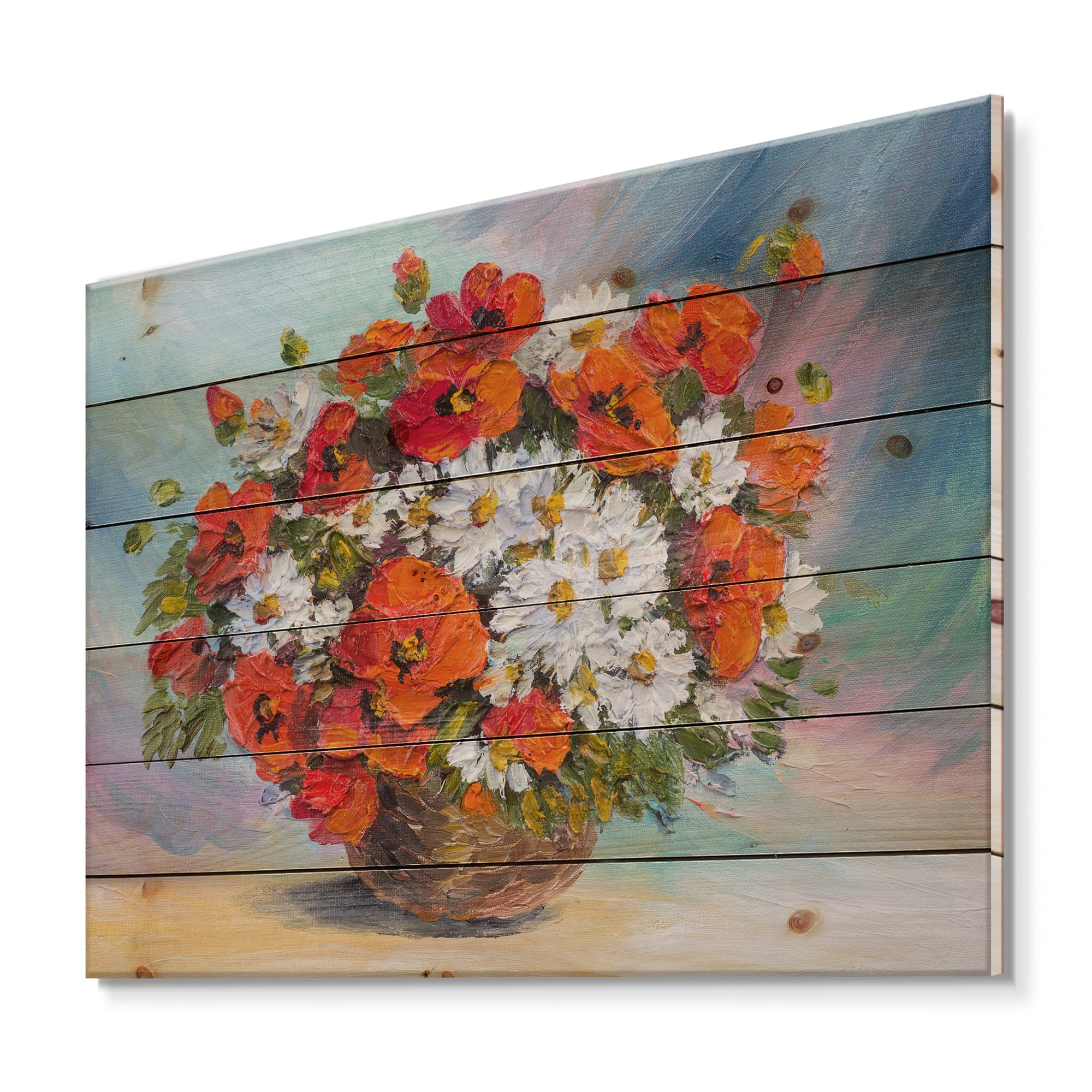 Designart 'Still Life Bouquet Of Daisies and Poppies' Traditional Print on Natural Pine Wood