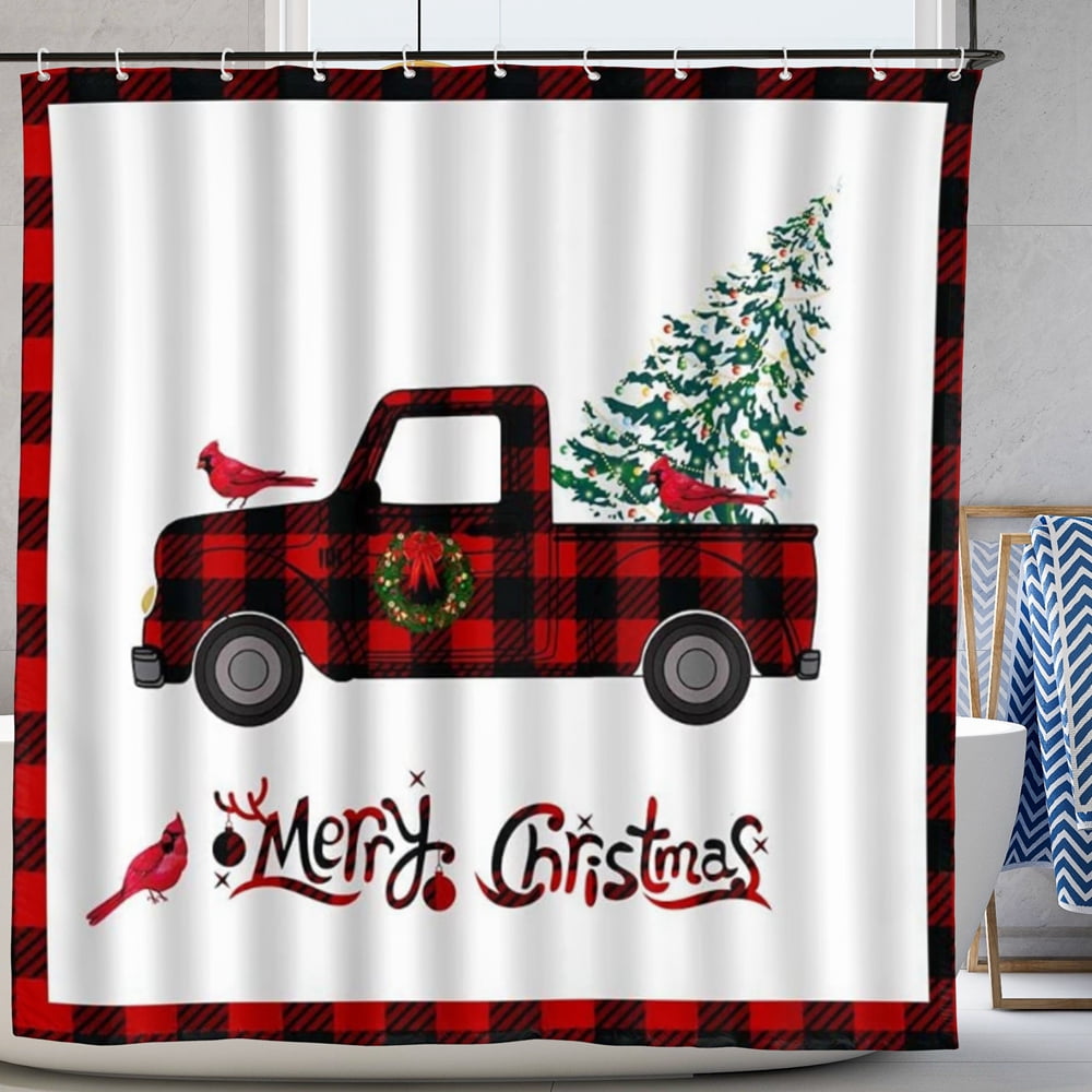 Christmas Truck Shower Curtain Red Black Buffalo Check Plaid Car Xmas
