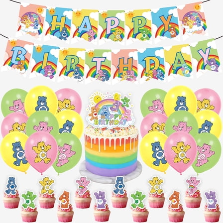 Cute Theme Party Rainbow Bears Birrthday Party Decoration Supplies Set | Surprise Cake Topper Cards | Latex Balloons Photo Scene Setting Props