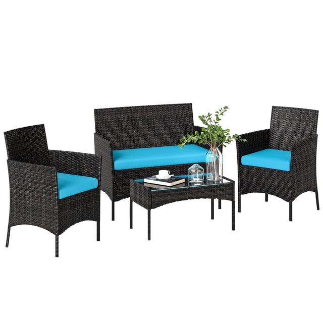 Outsunny Ensemble de Mobilier de Patio en Osier 4 Pcs avec Causeuse et Chaises Turquoise
