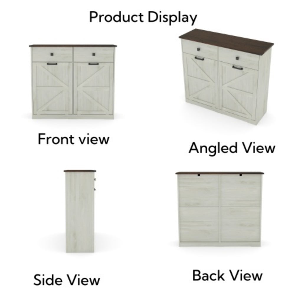 Farmhouse Double Tilt-Out Trash Cabinet, 2 x 10 Gallon Hidden Garbage Can Storage, Recycling Cabinet with Drawers, Barn Door Style, Brown + Antique White