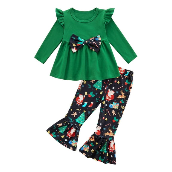 GYRATEDREAM Toddler little Girl Christmas Clothes Set Santa Claus Print Shirt Plaid Flared Bell Bottom Pants Winter Outfits 18M-6T