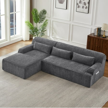 AENKYO Chenille L-Shaped Oversized Sectional Sofa, Minimalist Sleeper Couch for Living Room or Apartment, No Assembly Required (Gray,Left-Facing Chaise)