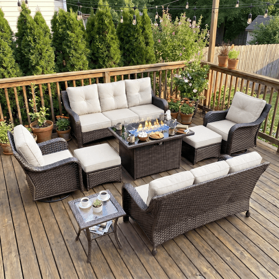 LayinSun 8 Pieces Patio Furniture Sets with Fire Pit Table, Outdoor Wicker Conversation Set with Swivel Chairs and 6" Thick Cushion for Deck Garden Backyard