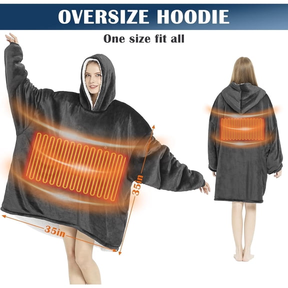 Heated Wearable Blanket Hoodie - with Battery Pack 7.4V - Oversized Electric Blanket Hoodie for Women Men - Warm Cordless Heated Shawl Portable Heated Robe (Grey)