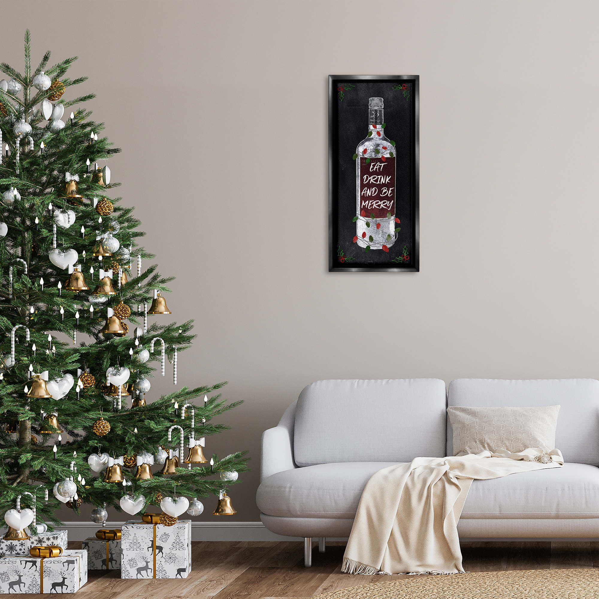 Stupell Industries Eat Drink Be Merry Holiday Painting Black Floater Framed Canvas Art Prints Wall Art, 15 x 31
