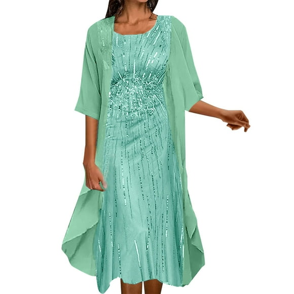 Green Party Dresses Women's Fashion And Leisure Elegant Printed Chiffon Dress Two Piece Set Wedding Guest Dresses for Women