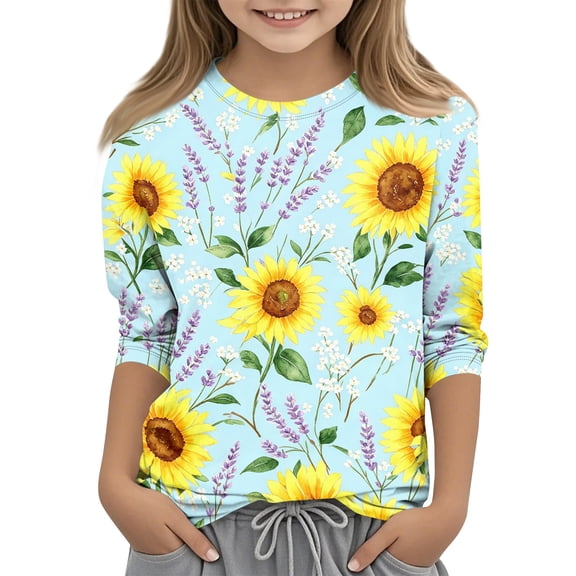 Cute Summer Tops for Girls Size 10-12 Casual 3/4 Sleeve Crew Neck Girls Shirts Funny Daisy Printed T-Shirts Girls Fashion Tunic Tops Blue 11-12 Years