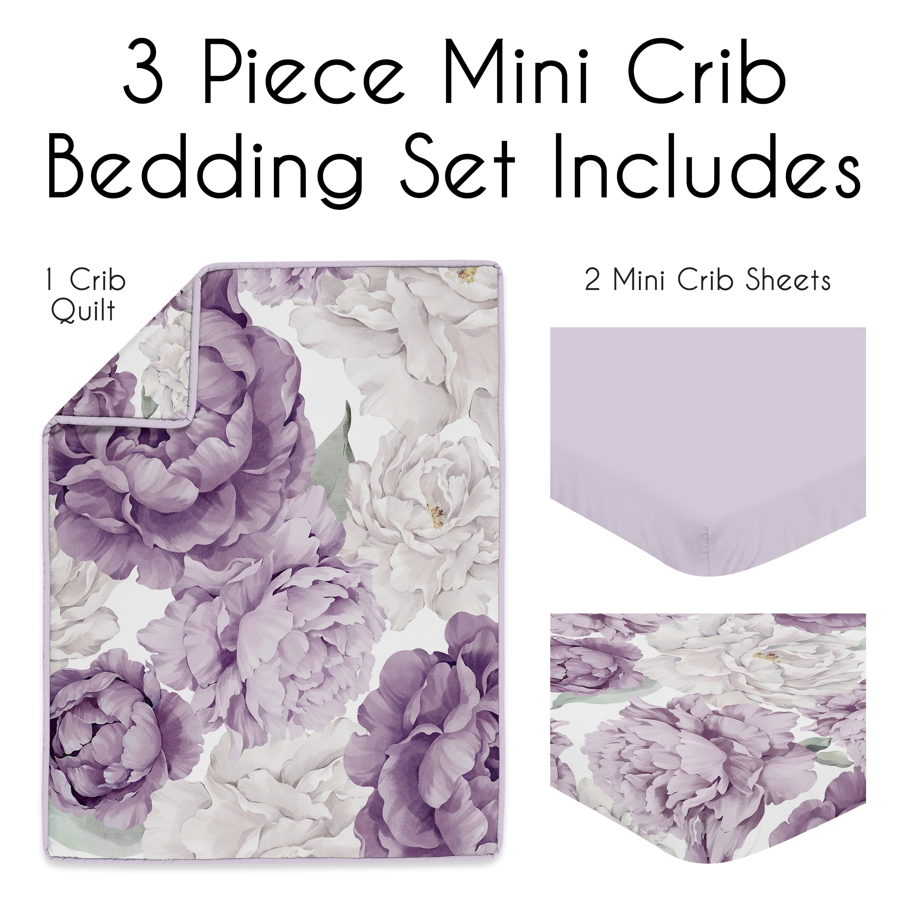 Sweet Jojo Designs Peony Floral Garden Lavender Purple and Ivory Girl Mini Crib Bedding Set 3 Piece