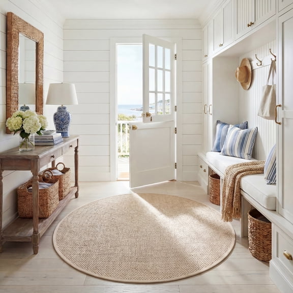 SAFAVIEH Natural Fiber Kentigern Border Seagrass Area Rug, Marble/Beige, 4' x 4' Round