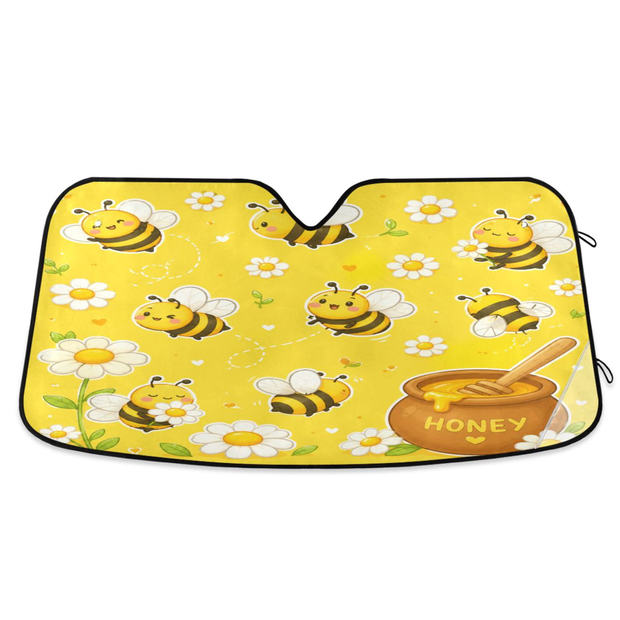 Foldable Car Windshield Sunshade UV Sun Visor Protector Blocks UV Rays Keeps Vehicle Cool 55x27.6 Inch Yellow Honey Bee Daisy Print