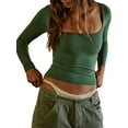 thumbnail image 1 of Fortune Femmes Col Carré Manches Longues T-Shirts Basiques Slim Fit Solide Crop Top, 1 of 6