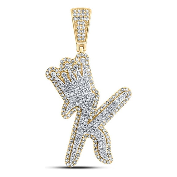 10kt Yellow Gold Mens Round Diamond K Crown Letter Charm Pendant 1-1/5 Cttw