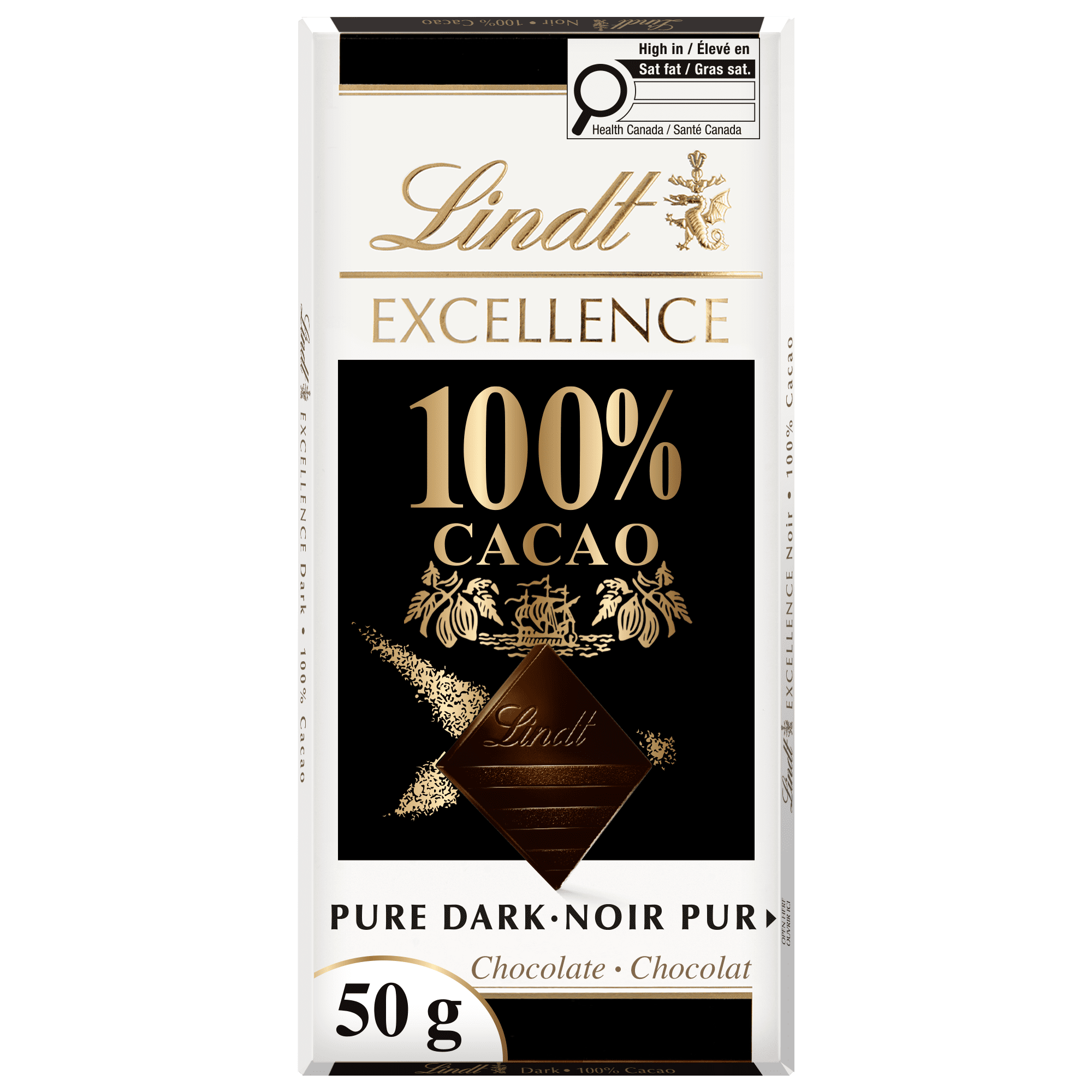 Chocolat noir Lindt EXCELLENCE à 100 % de cacao – Barre (50 g) Contient du cacao pur à 100 %.