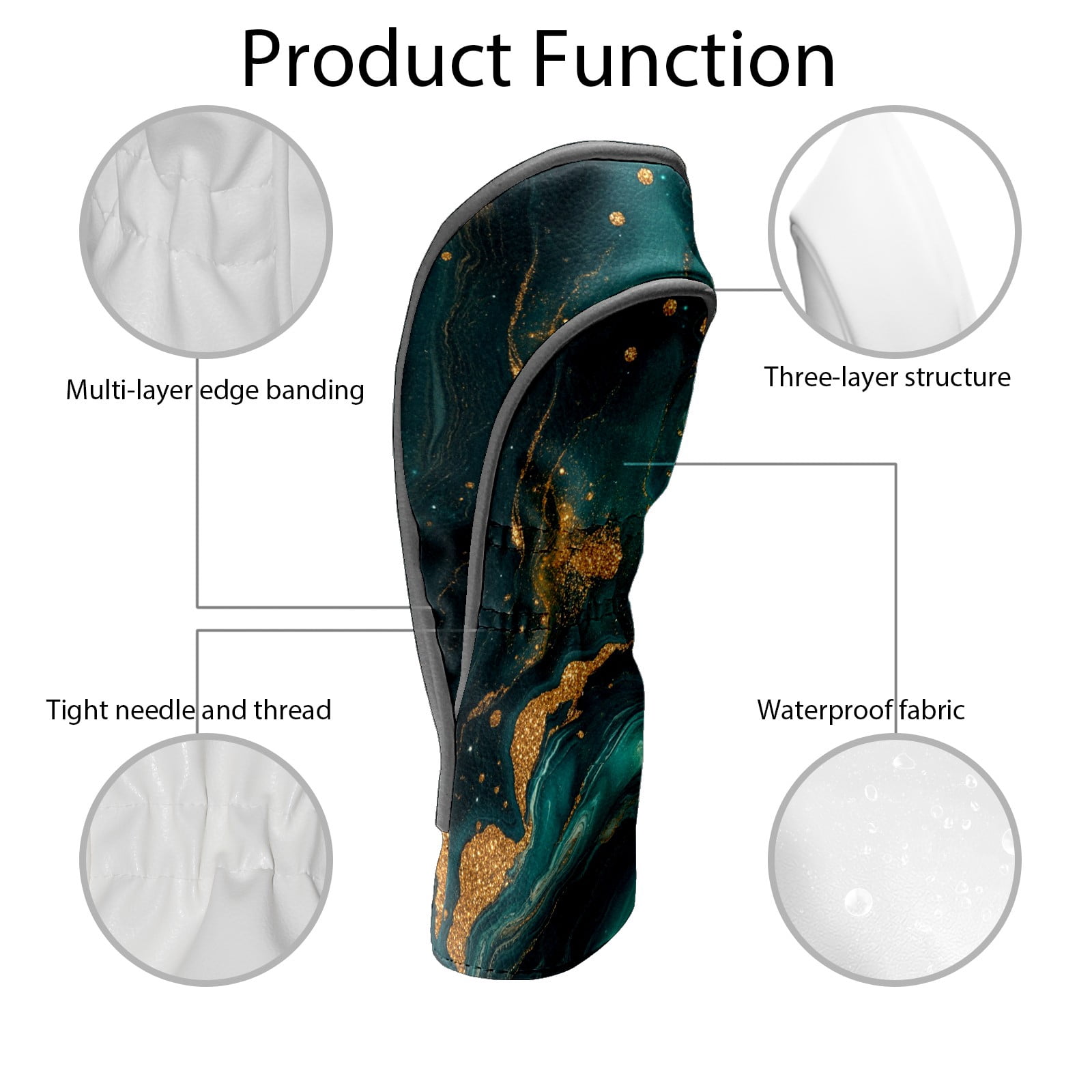 Golf Club Covers PU Leather Waterproof Head Covers for Fairway Woods Hybrids Golden Marble Pattern Unisex Fits Most Brands