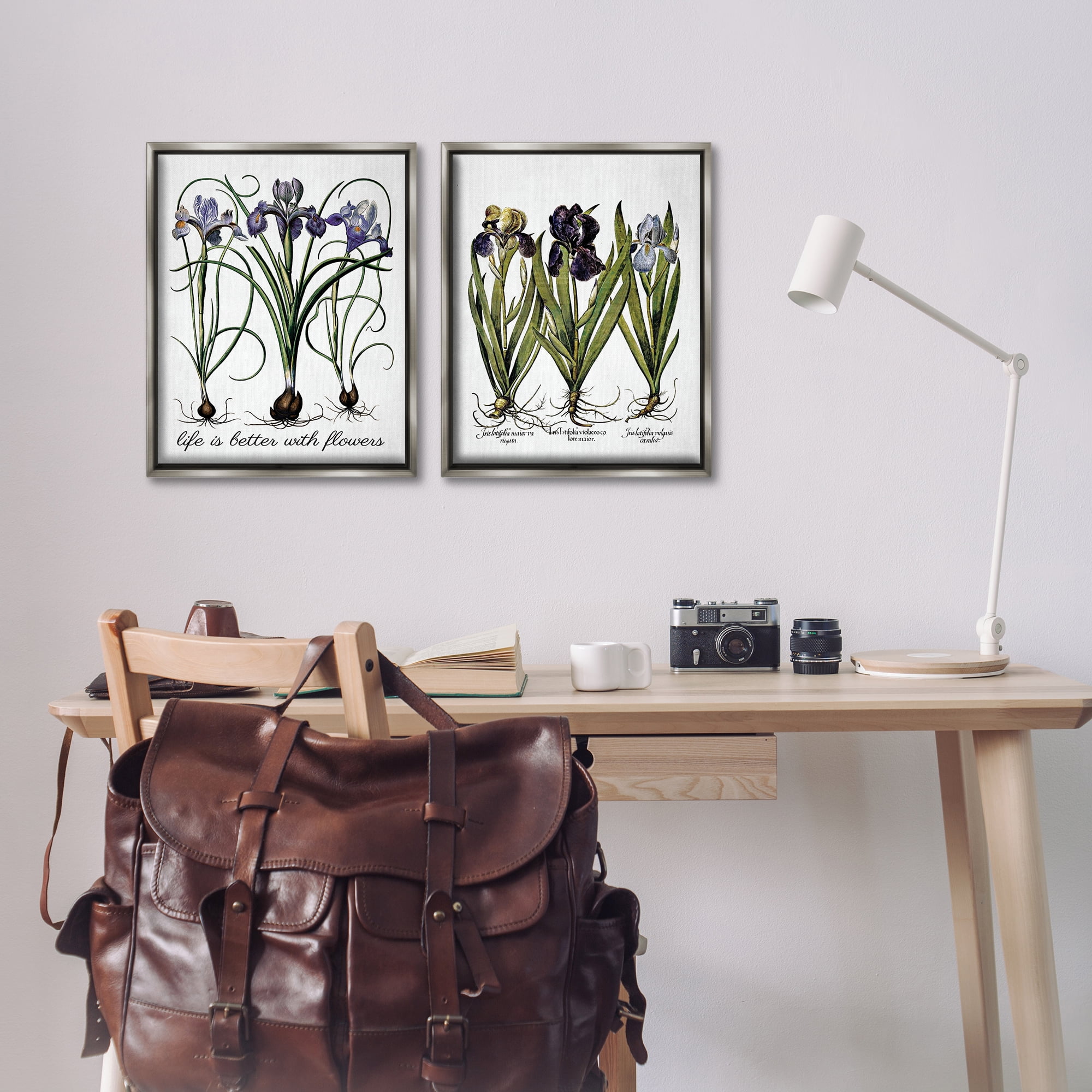 Stupell Industries Better with Flowers Iris Bulb Plants & Flowers Painting Gray Floater Framed Canvas Art Print Wall Art, 17 x 21, Set of 2