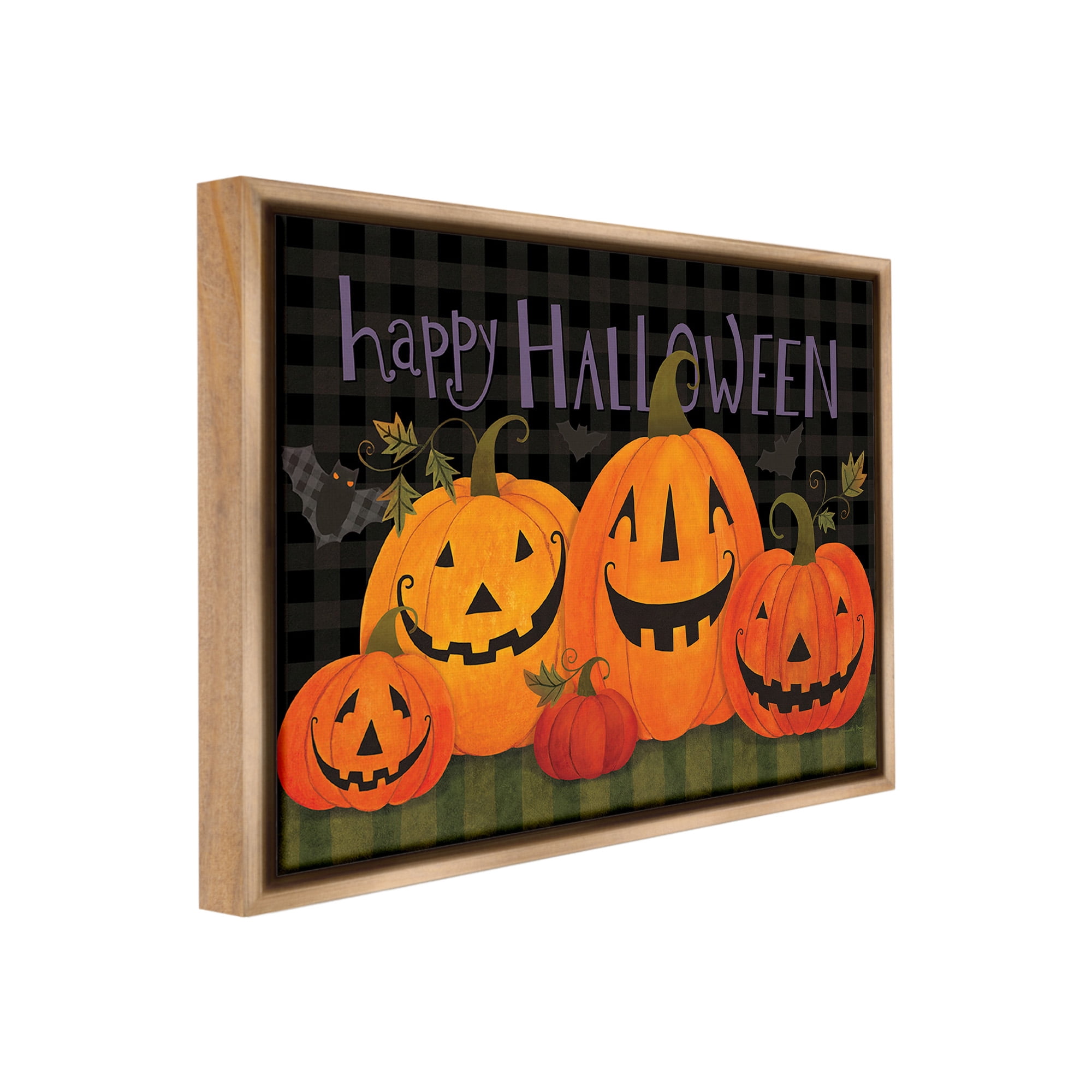 Stupell Industries Halloween Smiling Jack-o-Lanterns Holiday Painting Brown Floater Framed Canvas Art Print Wall Art, 31 x 25