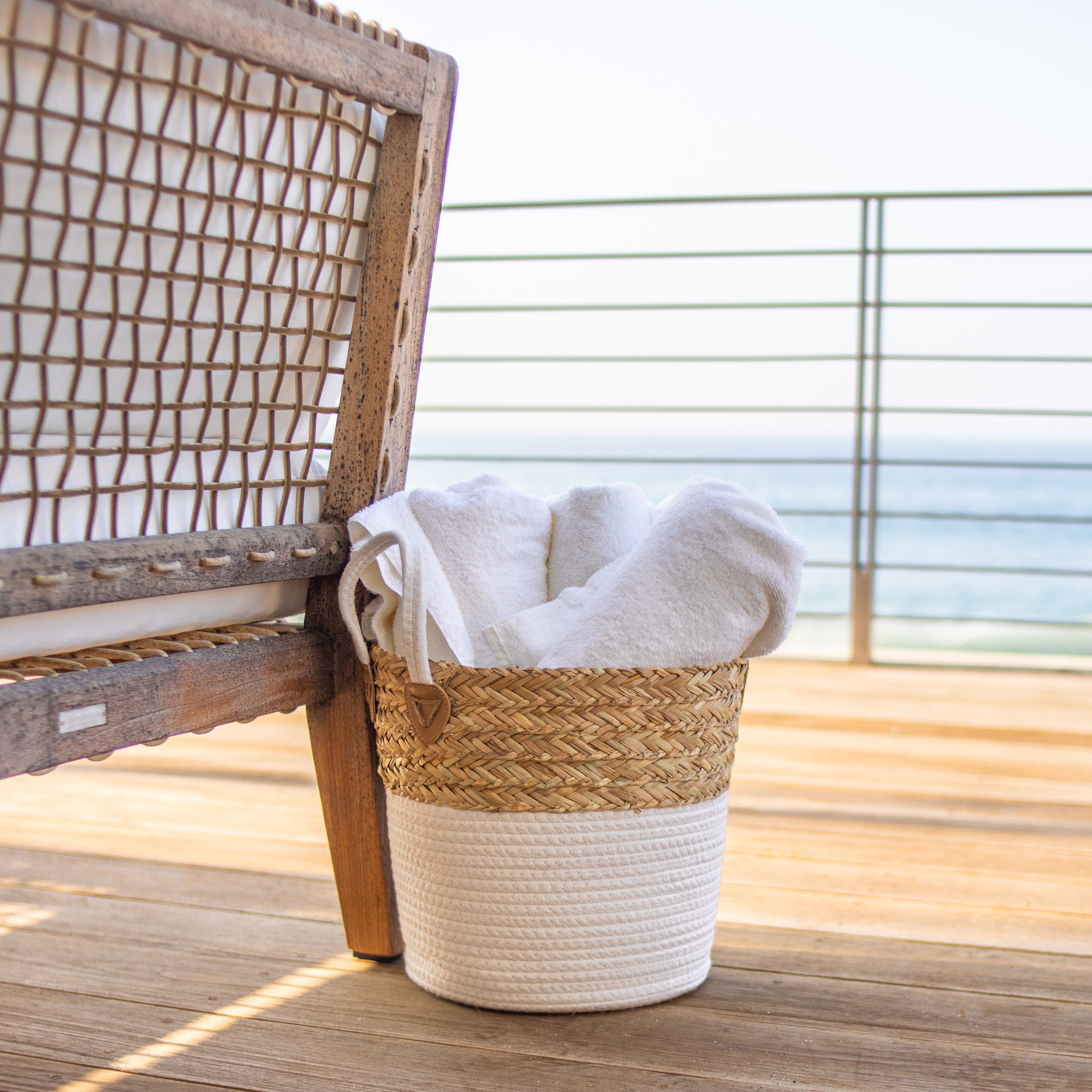 Set of 2 Round Storage Basket, Braided Seagrass & Cotton Rope (MD+SM), Natural & White