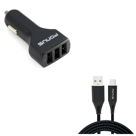 Charger Cord Type-C 10ft USB Cable w 3-Port USB 36W Car Charger A7Q for Motorola Moto Z Force Droid X4, Revvlry Plus, G7 Power Play G6 - Nokia 3.1, 7.1, 8, Plus - OnePlus 5T, 6, 6T, 7 Pro