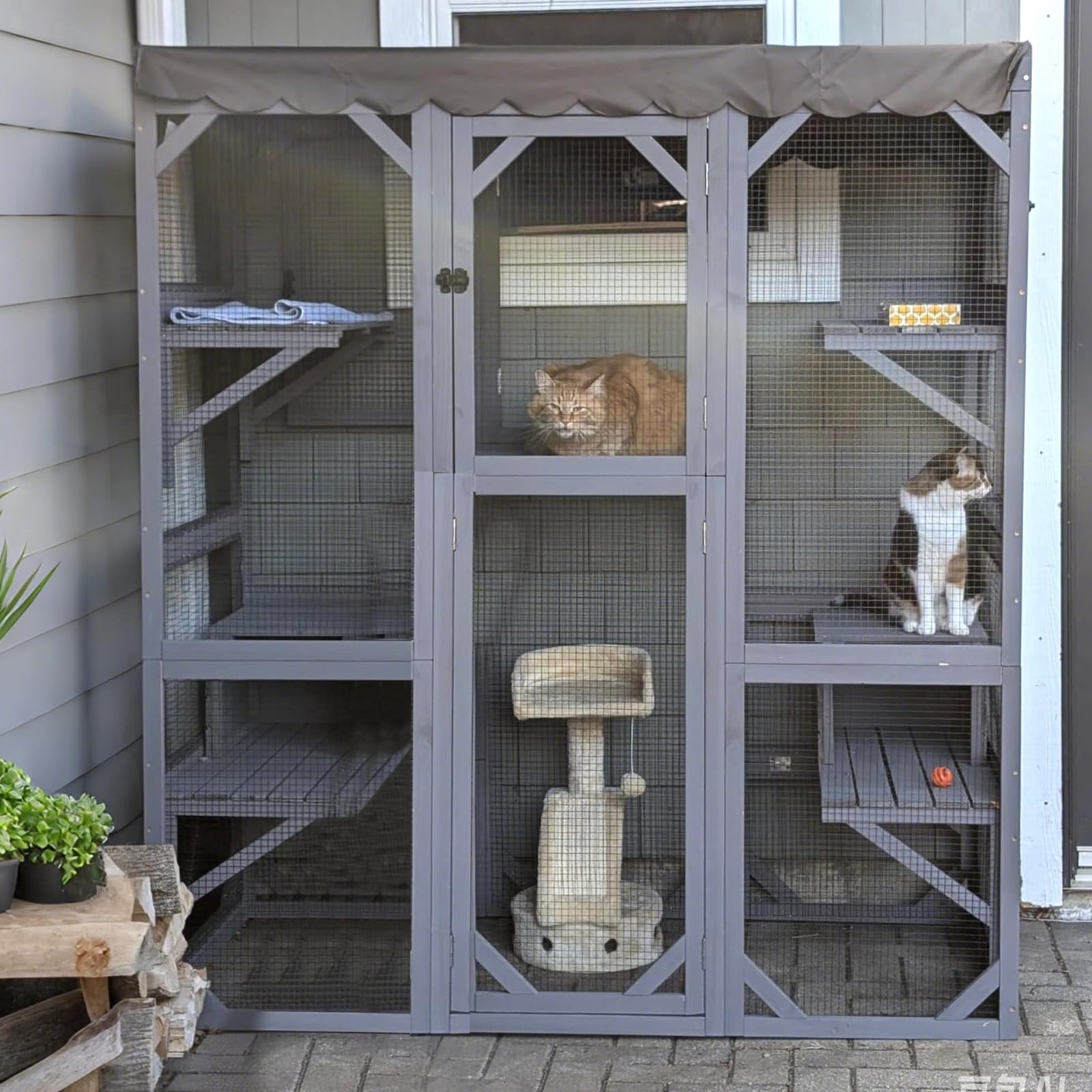 MEDEHOO Catio Cat Enclosure Large Window Cat House for Outdoor Cats, Walk-in Kitty Cage with Tarp Roof, 7 Platforms, 2 Resting Boxes, Indestructible Feral Cat Shelter for Backyard - Grey