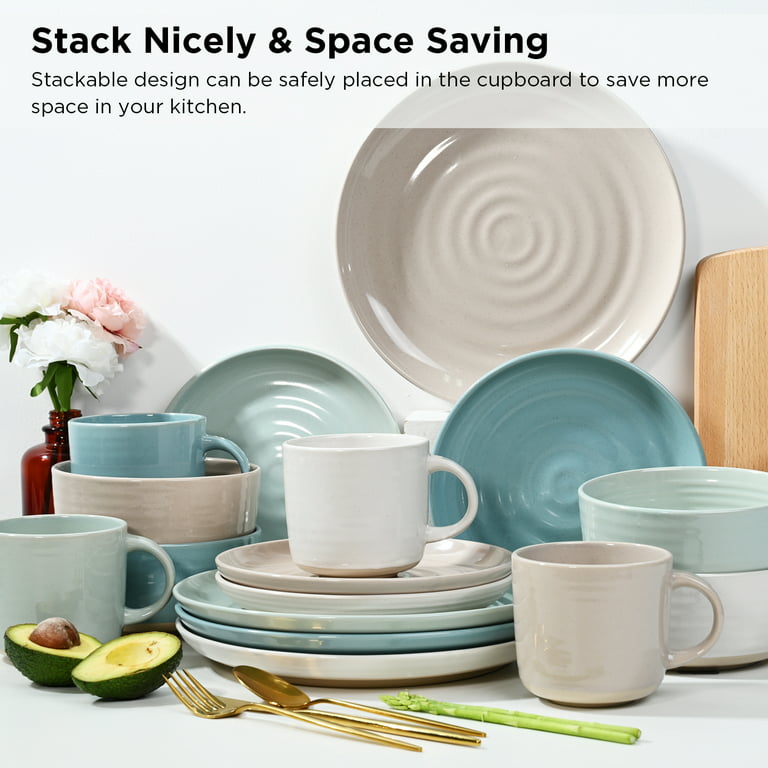 16 Pieces Stoneware Dinnerware Sets,Ceramic Dish Set Includes Plates, Bowls and Handled Mugs, Kitchen Dinner Set for 4,Dishwasher & Microwave Safe