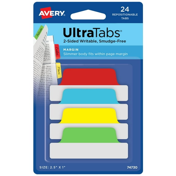Avery Ultratabs, Margin Style, 2.5" x 1", Paper, Write-on Tab, Assorted Bright Colors, 24 Tabs