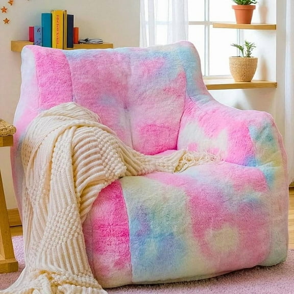 MY Bean Bag Chair with Filling, Faux Fur Comfy BeanBag Chairs for Teens, Adults, Bedroom, Living Room, Reading - Rainbow
